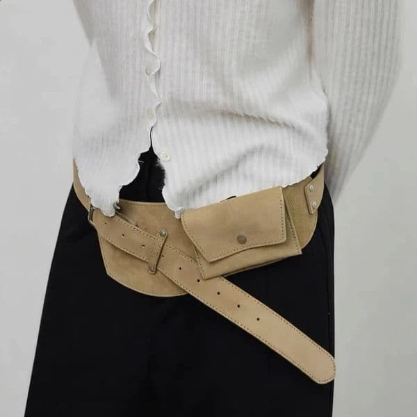 Korean Waist BagRetro Brown Suede Adjustable Belt Bag with PocketsY2k Girls Skirt BagWomen Vintage Wide Strap Waist Pack 260323