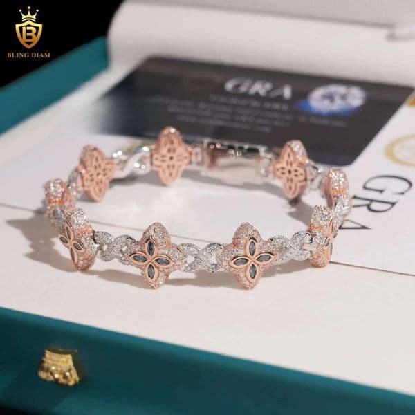 15mm Two Toned Flower Four Clover 925 Sliver Hip Hop Man Jewelry Iced Out Cuban Link Moissanite Infinity Rose Gold Pink Bracelet