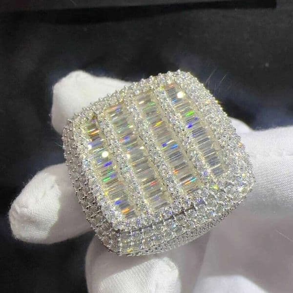 Baguette hip hop custom vvs moissanite mens iced out 925 sterling silver ring