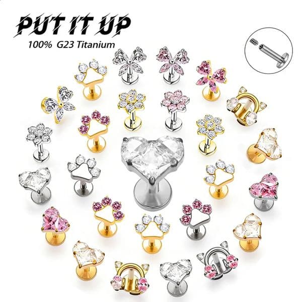 PUTITUP ASTM F136 Alloy Trendy Ear Cartilage Lip Stud Set Pink White Zirconia Ear Nose Stud Body Piercing Jewelry 260323
