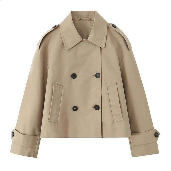 Willshela Women Fashion Khaki Double Breasted Short Trench Jacket Vintage Notched Neck Long Sleeve Female Chic Lady Coat Outfits 260323