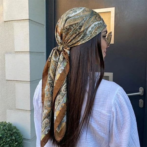 Women Spring Summer Square Scarf 9090cm Satin Silk Scarves Headscarf Female Foulard Beach Bandana Ladies Neckerchief Hair band 260309