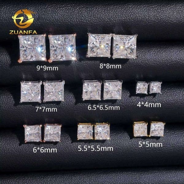 Wholesale Fashion Jewelry Princess Cut Single Diamond Ear Studs VVS Moissanite 925 Sterling Silver Stud Earring for Men Women