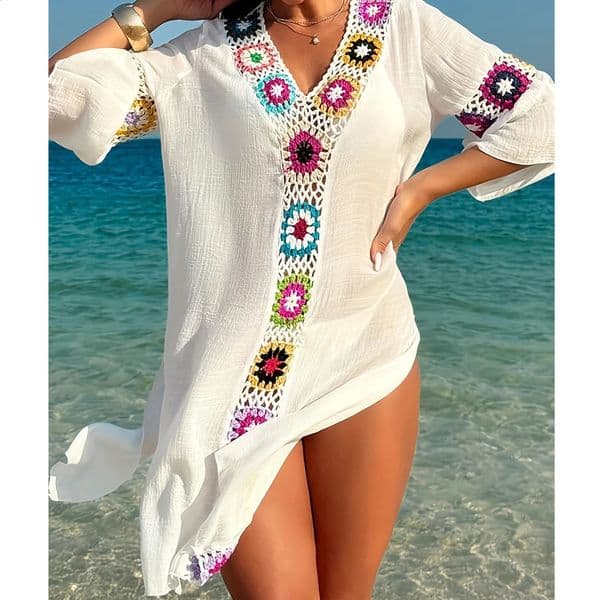 Fashion Style Hand Crochet Flower Block Beachwear Cover Up Beach Holiday Casual SeeThrough Dress Breathable Sunscreen Smock 260318BANJIA