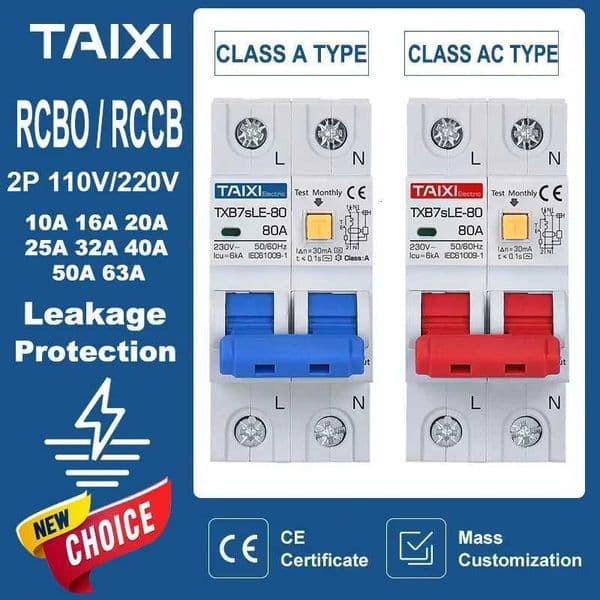 TAIXI RCBO RCCB Type A / AC Residual Current Circuit Breaker MCB 220V 110V 10A 16A 20A 32A 40A 63A 30mA 15mA Leakage Protection X260323
