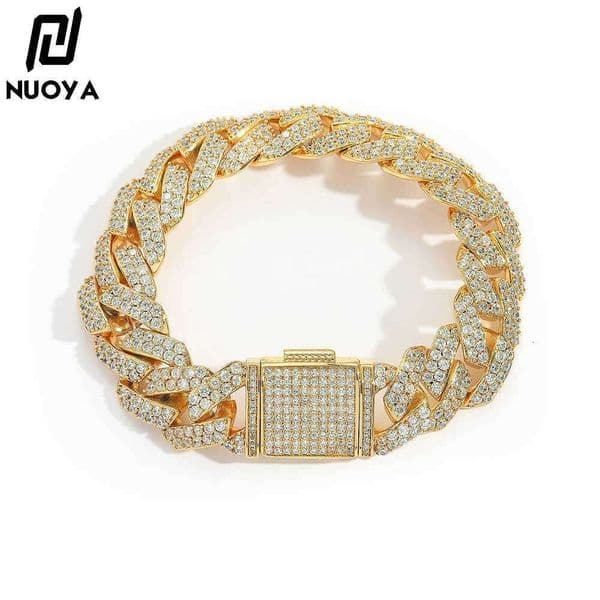 Jewelry jewelry 15mm flip clasp diamond-shaped Cuban chain trendy hip-hop double row Moissanite men's bracelet wholesale