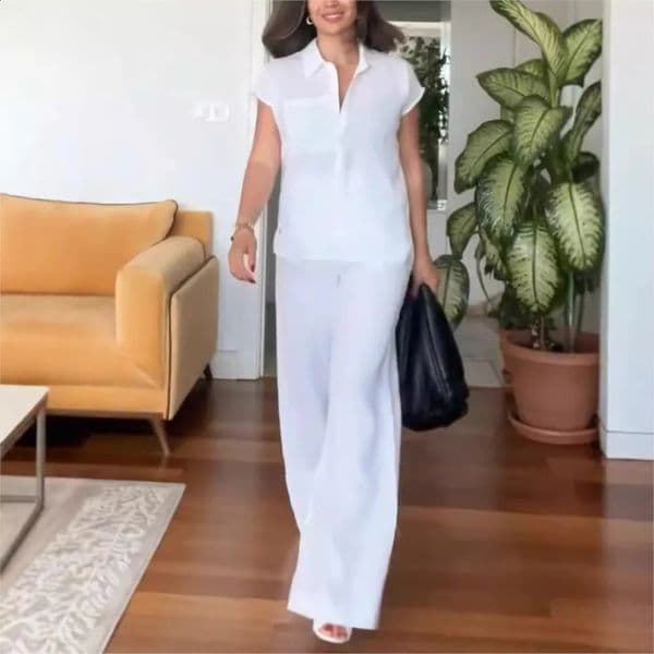 Spring summer short-sleeved shirt women Solid color cotton linen Suit Fashion pocket leg pants Female office elegant 2piece set 260318