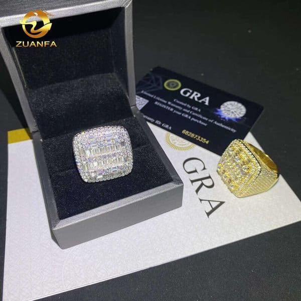 Pass Tester Square Men Ring Baguette Custom Iced Out Hip Hop VVS Moissanite 925 Silver Jewelry Diamond Rings