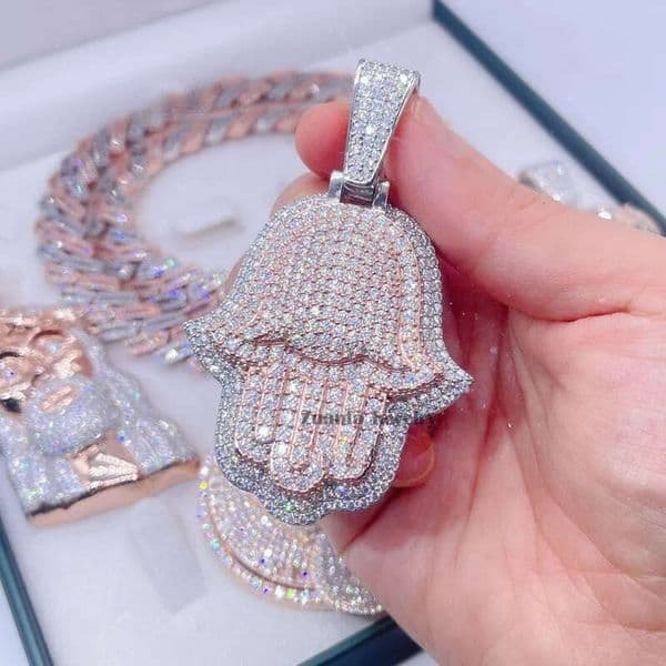 Zuanfa Jewelry 30 Rose Gold Two Tone Sterling Silver Hip Hop Iced Out Moissanite Hamsa Pendant