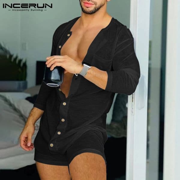 INCERUN Men Pajamas Rompers Solid Color O Neck Long Sleeve Button Jumpsuits Homewear Cozy Breathable Thin Playsuit Sleepwear 260323BJ