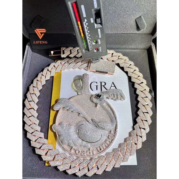 Fashion Design Solid Silver Gra Moissanite 18mm 20mm Wide Diamond Iced Out Pendant Necklace Cuban Link Chain for Rapper