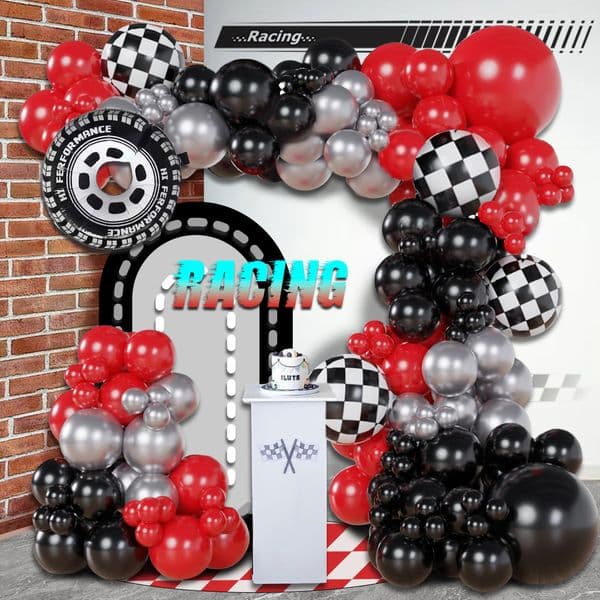 114-Piece Cool Racing Car Balloon Garland, Kids Birthday Party Backdrop Decor, Red Black Silver Latex & Foil Balloon Set, Party Supplies