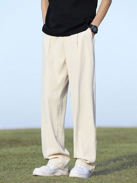 Summer Korean Mens Pants LightThin Polyester Elastic Waist Semi-Wide Loose Slacks Drape Suit Pants Male Casual Trousers 260323