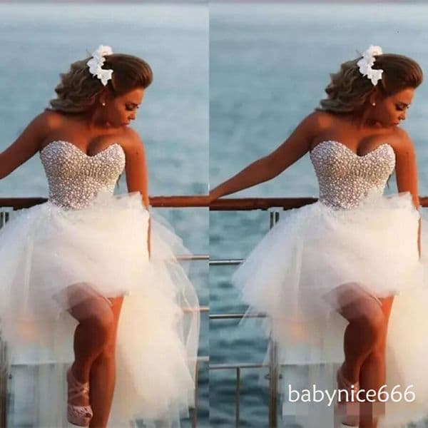 High Low Dresses Sweetheart Neckline Beaded Pearls Tiered Skirt Custom Made Beach Wedding Gown Vestido De Novia BO6740