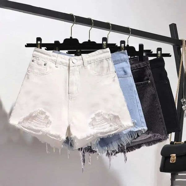 Summer Womens Cowboy Shorts Korean High Waist Casual Denim Shorts Pocket Tassel Perforated Ripped Holes Y2K Girls White JeansT260324