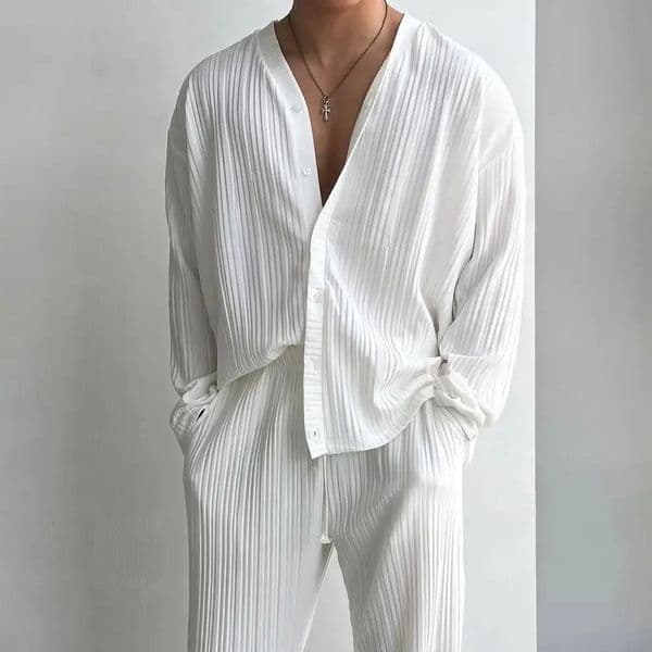 Thin Solid Color Sexy Deep V Cardigan Knitted Sweater Shirt Casual Fashion Suit Twopiece Sets for Men 260324