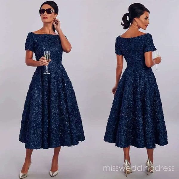 Mother's Dresses Prom Party Gown For Weddings Formal New Custom Plus Size Zipper A Line Bateau With Short Sleeves Sequined Tea-Length 3D Floral Appliques M20