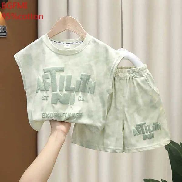 Fashion Pink Green Outfits Kids Costume Baby Summer Clothes Thin 2025 New Boy Clothes Version of Korean Childrens Printed Suit S251226