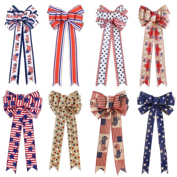 2026 new amazon handmade imitation linen for independence day decoration car flag stripe printed bow designer