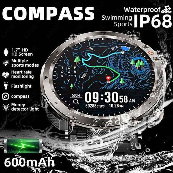 LIGE Outdoor Military Men's Watch1.7 Inch Flashlight Bluetooth Call Sports Heart Rate Monitor Smart Watch For Android IOS
