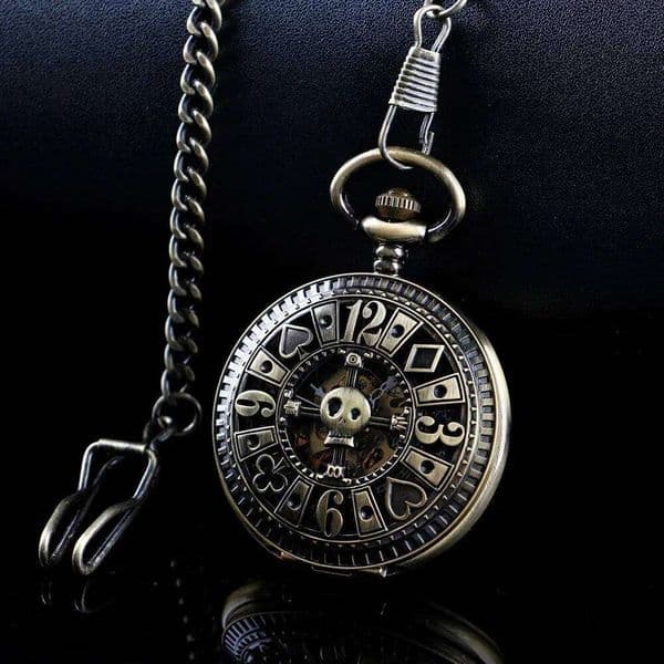 Antique Skeleton Poker Automatic Mechanical Pocket Watch Steampunk Men's Arabic Numeral Dial Vintage Necklace Pendant Clock Gift