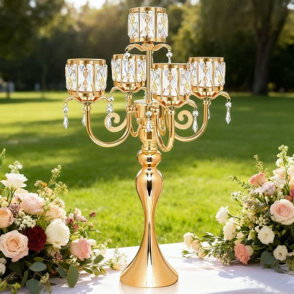 5 Arm Crystal Candlestick Wedding Centerpieces Gold Flower Stand Candelabras Metal Candle Holders Wedding Dinner Decoration Table Centerpieces ivy128