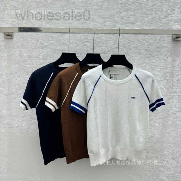 Women's Knits & Tees designer brand early spring new style color-blocking simple hollow-out knitted short-sleeve shirt 7SKH