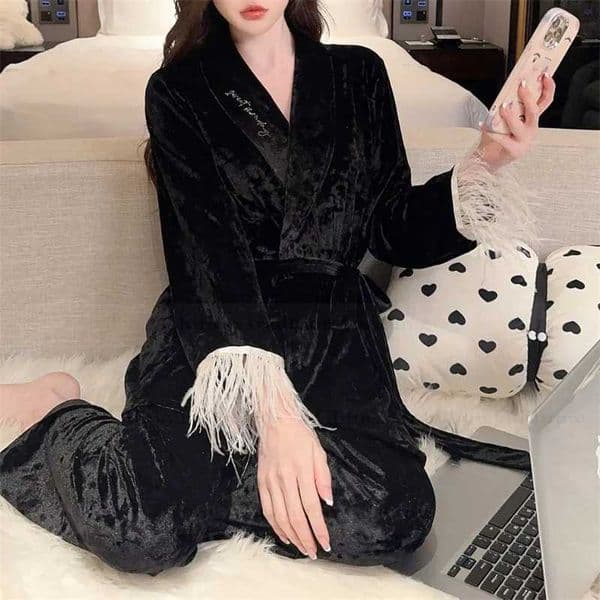 Velour Pajamas Set Women Warm Sleepwear Luxury Home Clothes Feather Trim Cardigan Pants 2Pcs Loungewear Lady Nightwear 2025T260320