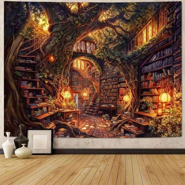 Vintage Fantasy Fairy Tale Tree House Books Dormitory Classroom Printed Tapestry Living Room Bedroom Home De 26Y0324