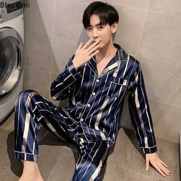 New Loungewear Mens Fashion Long SleevePants Satin Soft Pajama Sets Comfort Jacquard Ice Silk Home Wear Sleepwear Suit for MenT260320