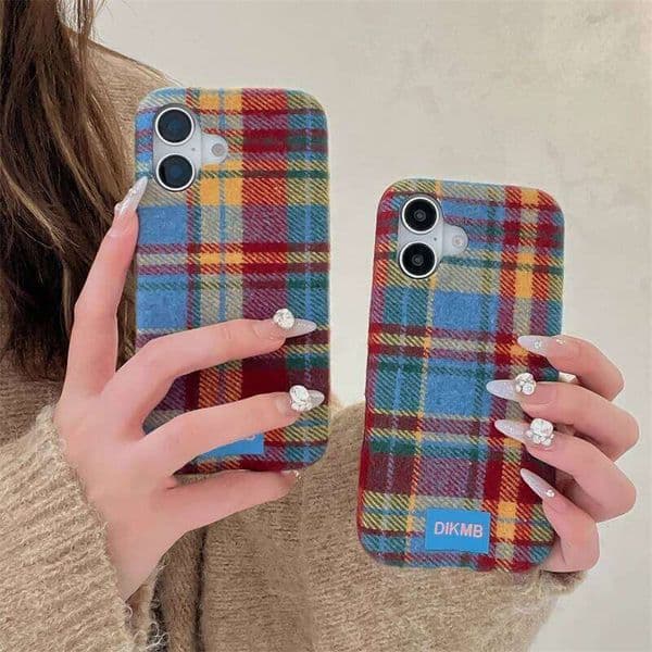 Fashion Plaid Pattern Cloth Phone Case iPhone 16 Pro Max 14 13 12 Protective Cover Korean Fabric Cute Cases For 15 26L0324