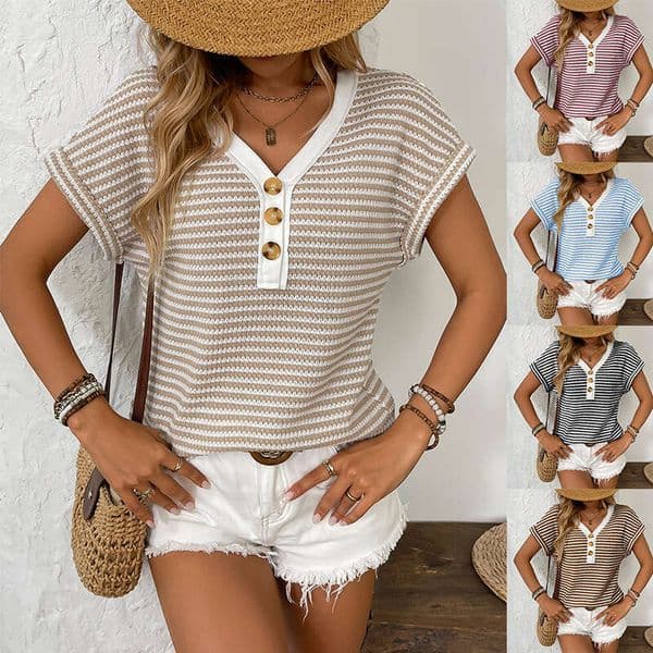 European and American cross-border Amazon independent site summer new product women's patchwork knitted V-neck button pullover short sleeve