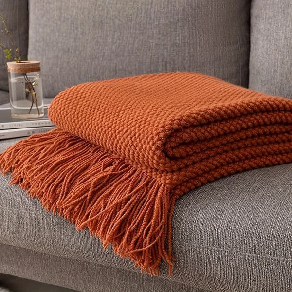 1pc Morandi Orange Tassel Knitted Blanket Soft Warm Throw Nap for Couch Sofa Camping Travelling 260324