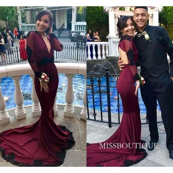 Sexy Burgundy Mermaid Prom Dresses V Neck Lace Applique Long Sleeves Floor Length Satin Formal Dress Evening Gwons Vestido De Fiesta F14 B0324