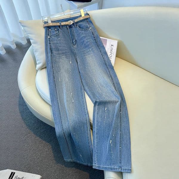 High-end Rhinestone-embellished Wide-leg Jeans For Women Spring/autumn 2026 New Style Loose-fitting Designer Pants Slimming With Rhinestones Drapey