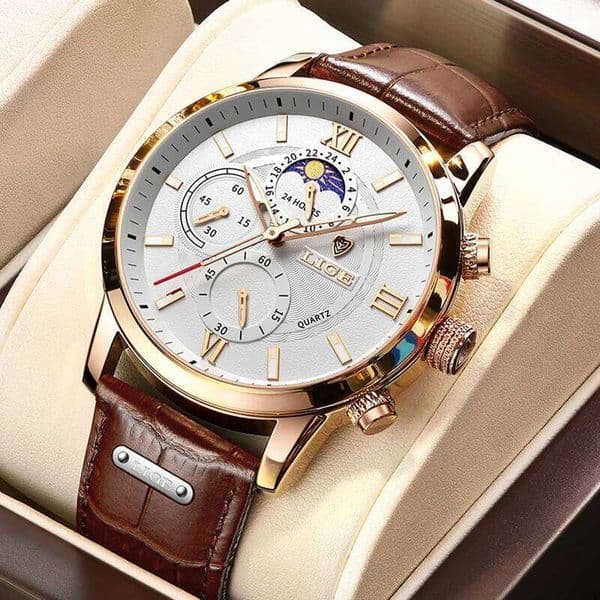 LIGE Fashion 24 hour Moon Phase Outdoor Sport Waterproof Watch For Luxury Military Leather Men Quartz Wristwatches