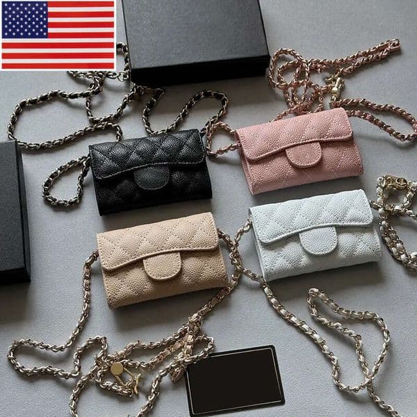 2026 Women Designer Caviar Leather Calfskin Holders Classic Nano Mini Flap Card Holder Gold Metal Hardware Matelasse Chain Crossbody Waist C