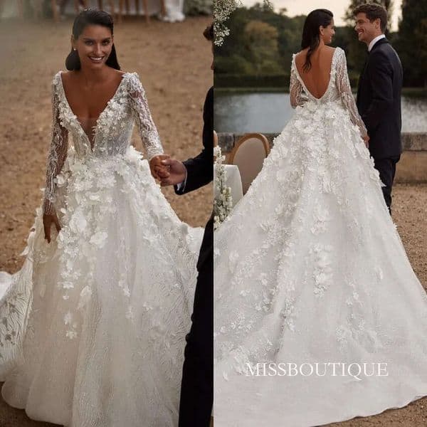 Gorgeous Milla Nova Weding Dress Crystal Appliqued V Neck Long Sleeves Bride Wedding Backless Vestidos De Novia Sweep Train Designer Bridal Gowns Bc19130 B0324