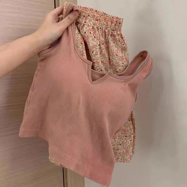 Korean Style Sexy Cute Little Emerald Flower Vest Womens Home Clothes With Chest Cushion Comfortable Cotton Pajamas Set 260323BJ