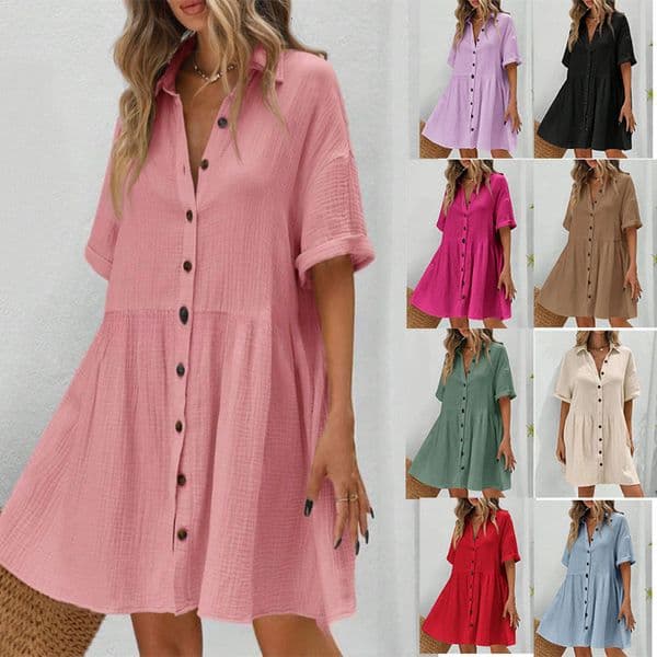 European And American Spring/summer New Cotton-linen Shirt Designer Dress Collar Short-sleeve Cardigan Button Midi Dress For Women