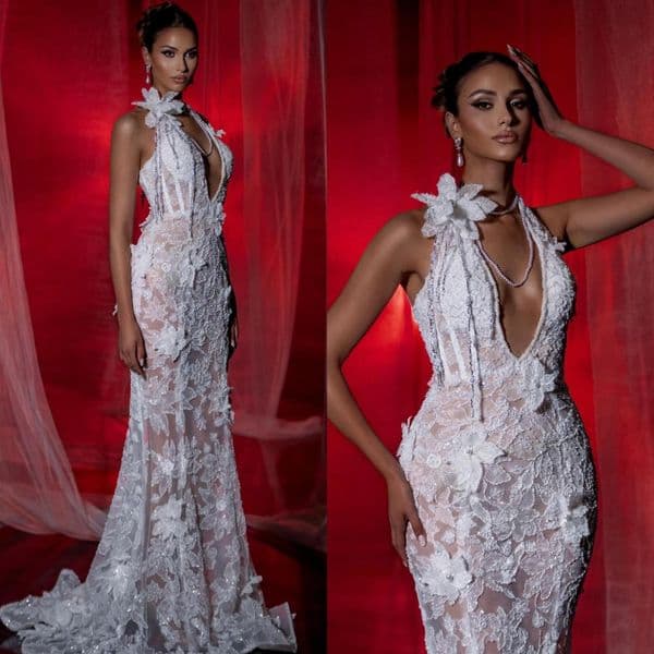 Designer Mermaid Evening Dresses Halter Neck Sleeveless Gown Pearls Beading Appliques Sweep Train Dress Party Customized Youmaigowns