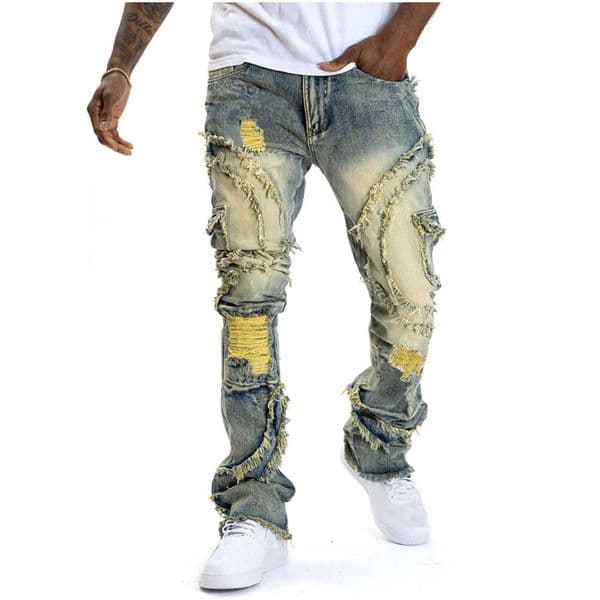 2026 New Men Ripped Stacked Distressed Slim Fit Skinny Straight Leg Jeans Fashion Hip Hop Denim Pants Casual Streetwear 26H0324