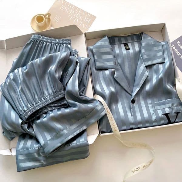 Spring Summer Men 3PCS Pajamas Set Sleepwear Short Sleeve Trouser Suit Loungewear Loose Silk Satin Home Clothes Pijamas Suit 260323