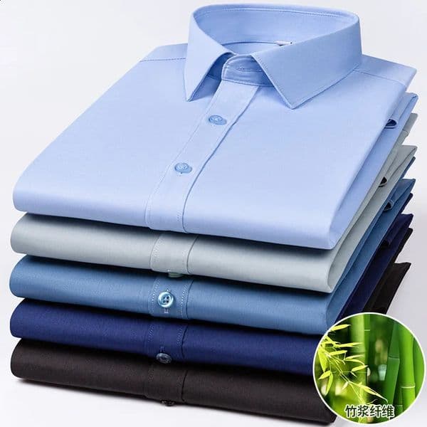 Quality Stretch Men Shirt Bamboo Fiber Long Sleeve Antiwrinkle Nonironing Slim Fashion Casual Business Office White 260324BJ
