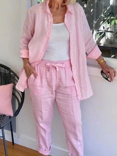 Spring Summer Cotton Linen Set Women Loose Oversize Long Sleeve Shirt Pants 2 Piece Sets Casual Office Ladies Trousers Suit 260324