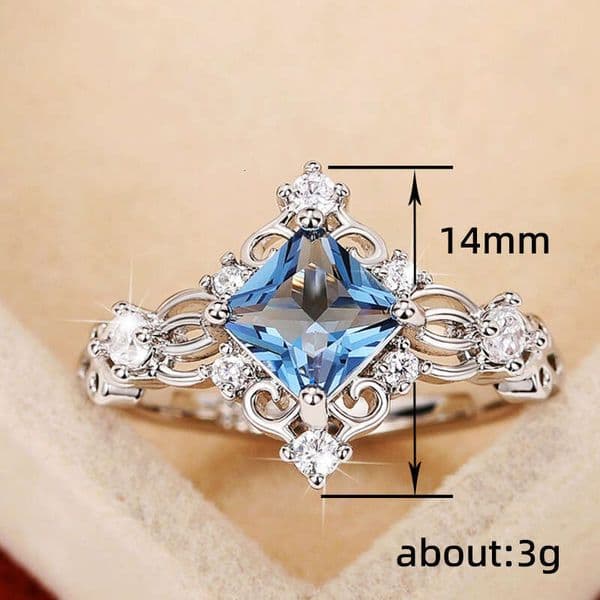 Princess Pattern Sea Blue Simulated Gemstone Ring Inlaid with Diamond-Shaped Moissanite Noble and Exquisite Index Finger Ring