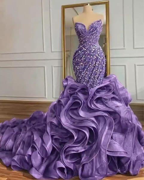 Luxury Purple Mermaid Prom Formal Dress 2026 V-neck Pleats Sequins Ruffles Train Evening Pageant Party Gowns For Birthday Robe De Soriee