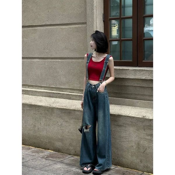 Unique Retro Distressed Loose-fitting Personalized Design Denim Overalls For Women Spring New Wide-leg Designer Pants Long Pants