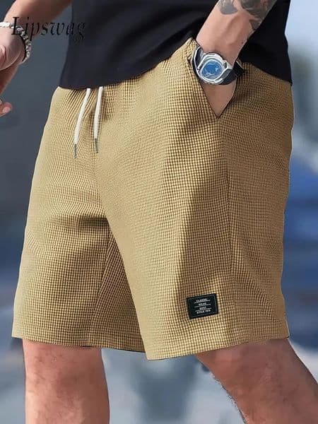 2026 Spring Summer Outdoor Casual Mens Shorts Vacation Seaside Beach Loose Bottoms Men Vintage Waffle Plaid Textured Short Pant 260324