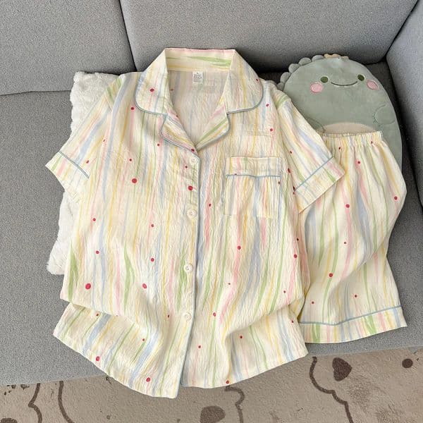 Summer 2026 ShortSleeved Shorts Pajamas Womens Cartoon Cute Girl Cardigan Set Ladies Sleepwear Breathable Homewear 260323